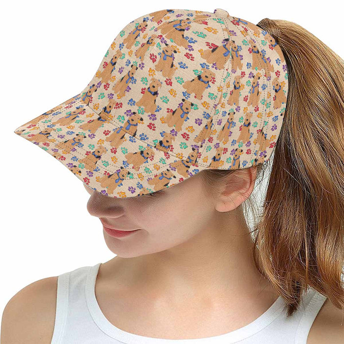 Women's All Over Rainbow Paw Print Airedale Dog Snapback Hat Cap