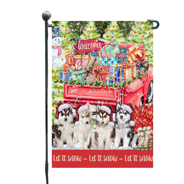 Red Truck Christmas Holiday Surprise Siberian Husky Dogs Garden Flags - Outdoor Double Sided Garden Yard Porch Lawn Spring Decorative Vertical Home Flags 12 1/2"w x 18"h AA11
