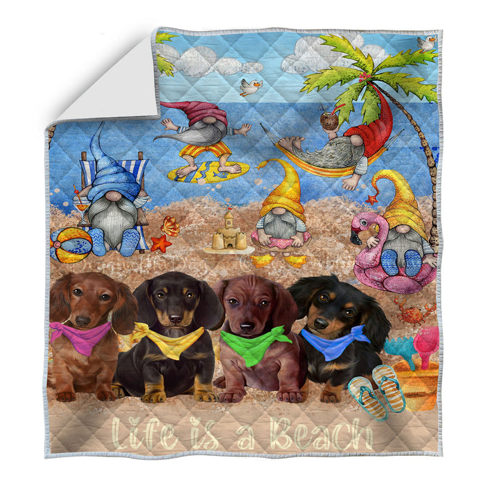Summer Beach Gnomes Dachshund Dogs Quilt Bed Coverlet Bedspread - Pets Comforter Unique One-side Animal Printing - Soft Lightweight Durable Washable Polyester Quilt AA12