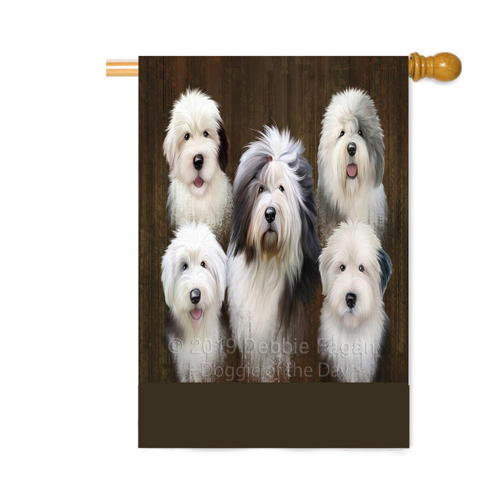 Personalized Rustic 5 Old English Sheepdogs Custom House Flag FLG-DOTD-A62585