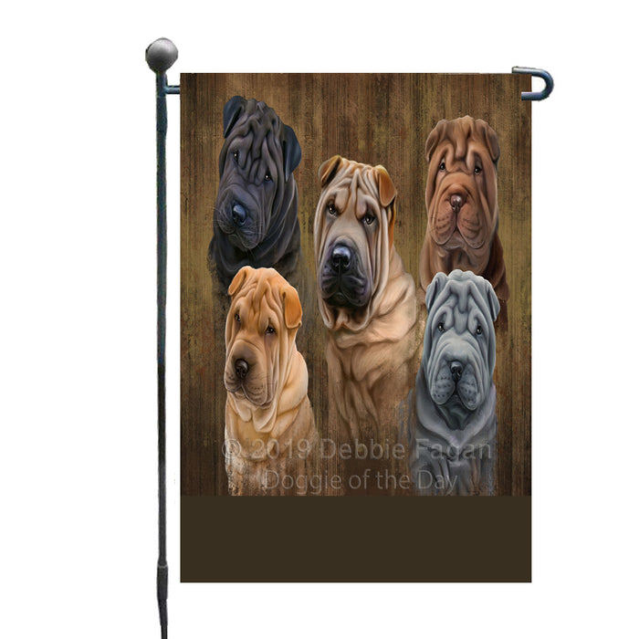 Personalized Rustic 5 Shar-Pei Dogs Custom Garden Flags GFLG-DOTD-A62536