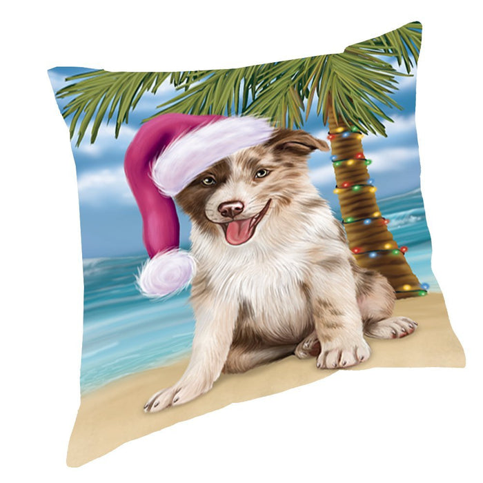 Summertime Happy Holidays Christmas Border Collie Dog on Tropical Island Beach Throw Pillow