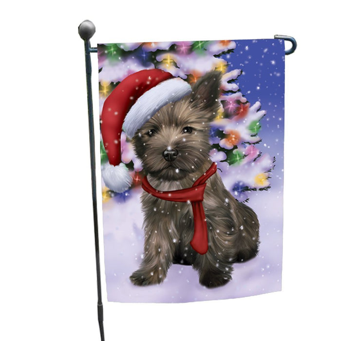 Winterland Wonderland Cairn Terrier Puppy Dog In Christmas Holiday Scenic Background Garden Flag
