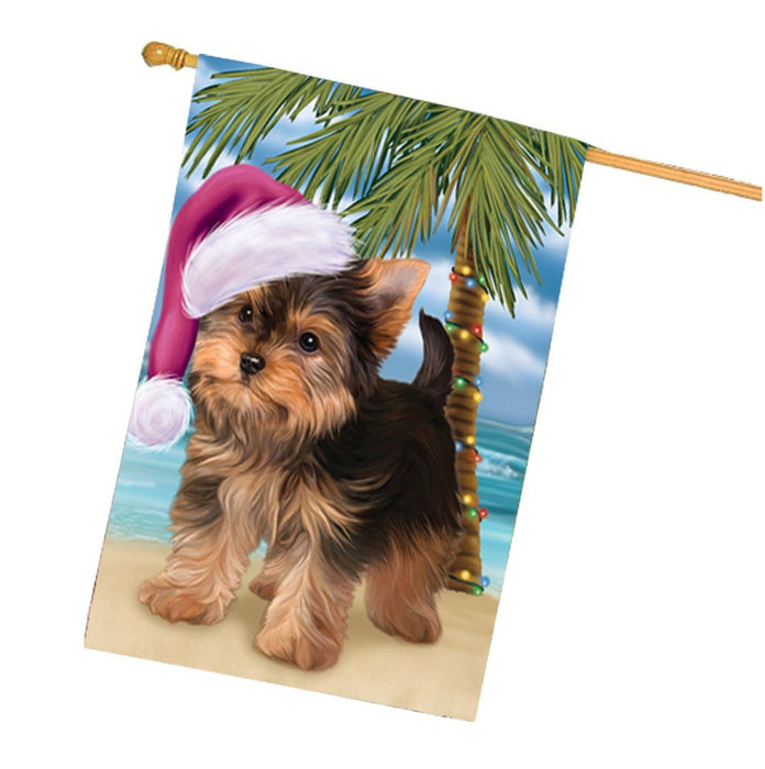 Summertime Christmas Happy Holidays Yorkshire Terrier Puppy on Beach House Flag HFLG360