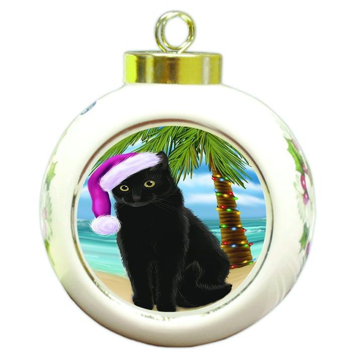 Summertime Happy Holidays Christmas Black Cat on Tropical Island Beach Round Ball Ornament D500