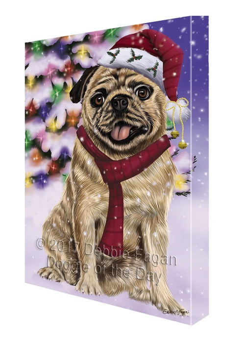 Winterland Wonderland Pug Adult Dog In Christmas Holiday Scenic Background Painting Printed on Canvas Wall Art