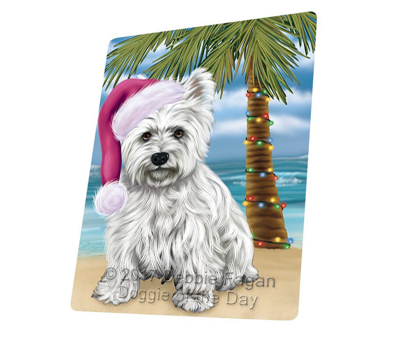 Summertime Happy Holidays Christmas West Highland Terriers Dog on Tropical Island Beach Tempered Cutting Board