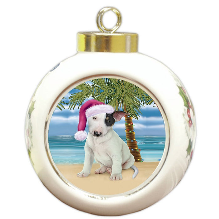 Summertime Happy Holidays Christmas Bull Terrier Dog on Tropical Island Beach Round Ball Ornament