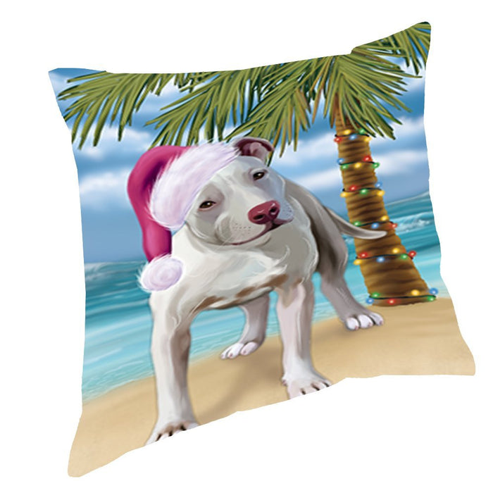 Summertime Christmas Happy Holidays Pit Bull Dog on Beach Throw Pillow PIL1544