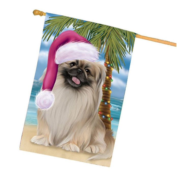 Summertime Happy Holidays Christmas Pekingese Dog on Tropical Island Beach House Flag HF397