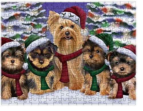 Yorkshire Terriers Dog Christmas Family Portrait in Holiday Scenic Background Puzzle with Photo Tin (300 pc.)