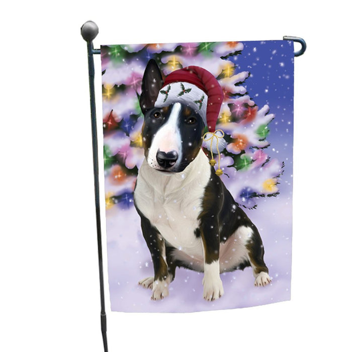 Winterland Wonderland Bull Terrier Dog In Christmas Holiday Scenic Background Garden Flag