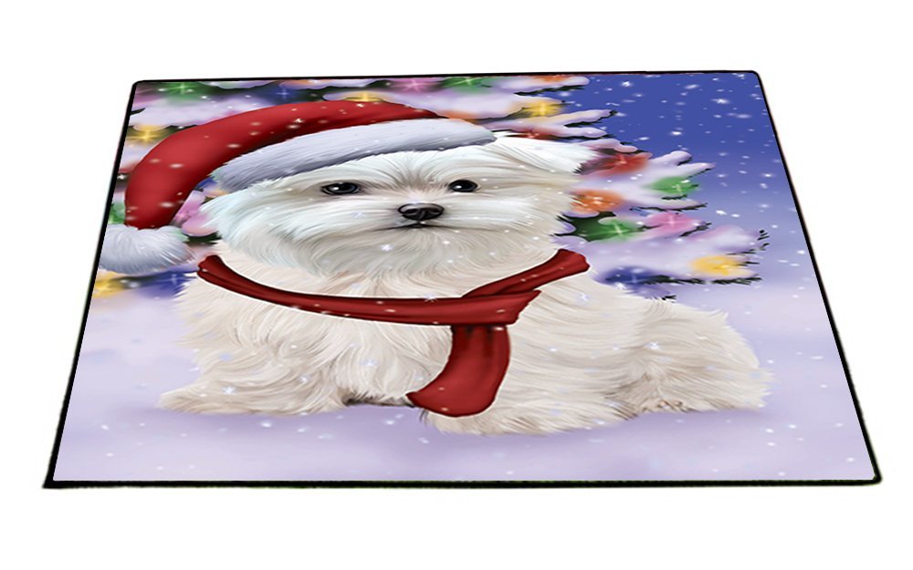 Winterland Wonderland Maltese Puppy Dog In Christmas Holiday Scenic Background Indoor/Outdoor Floormat