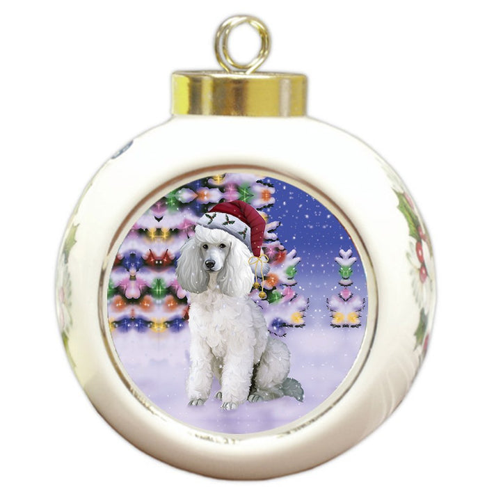 Winterland Wonderland Poodles Dog In Christmas Holiday Scenic Background Round Ball Ornament