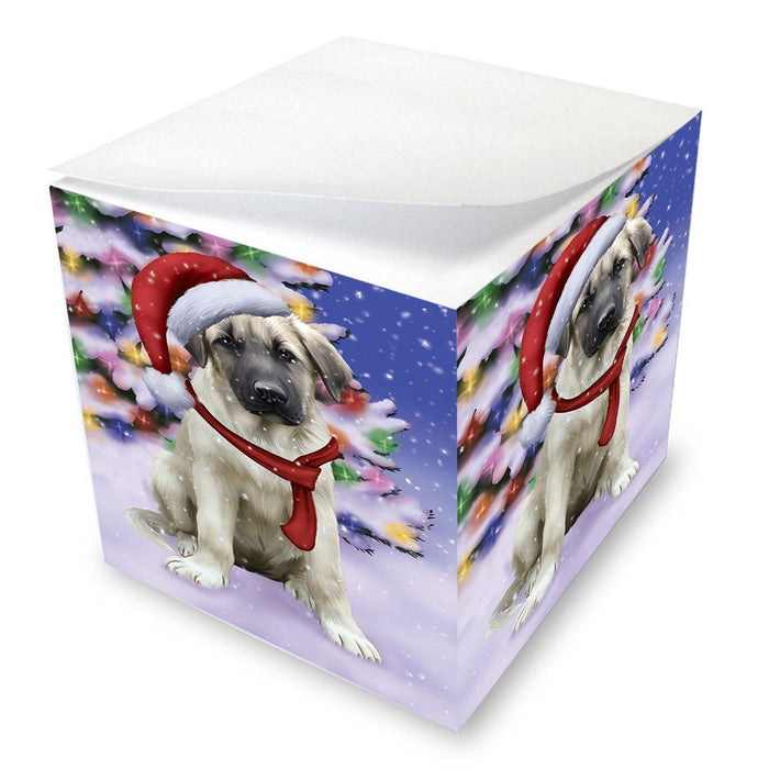 Winterland Wonderland Anatolian Shepherds Puppy Dog In Christmas Holiday Scenic Background Note Cube D580