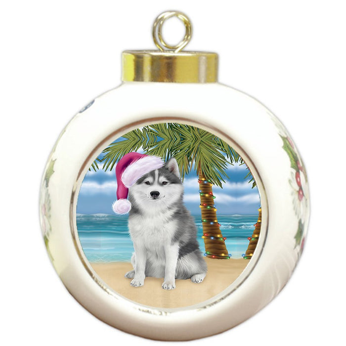 Summertime Husky Dog on Beach Christmas Round Ball Ornament POR1136