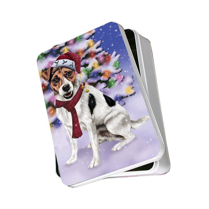 Winterland Wonderland Jack Russel Dog In Christmas Holiday Scenic Background Photo Storage Tin