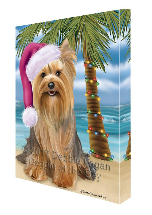 Summertime Happy Holidays Christmas Yorkshire Terriers Dog on Tropical Island Beach Canvas Wall Art