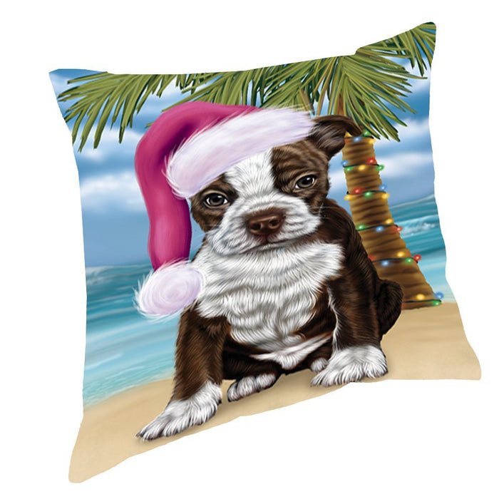 Summertime Happy Holidays Christmas Boston Terriers Dog on Tropical Island Beach Throw Pillow