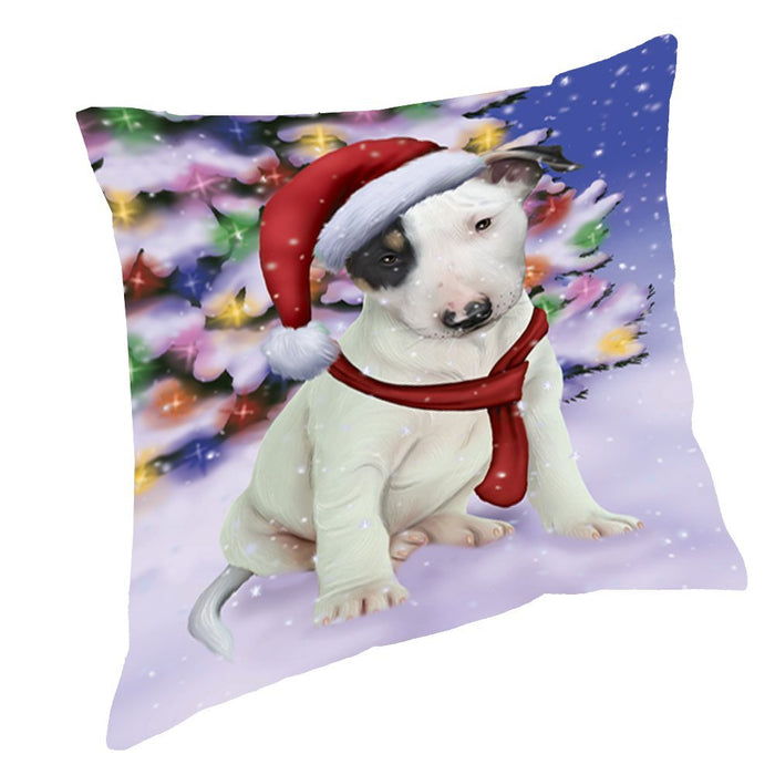 Winterland Wonderland Bull Terrier Puppy Dog In Christmas Holiday Scenic Background Throw Pillow