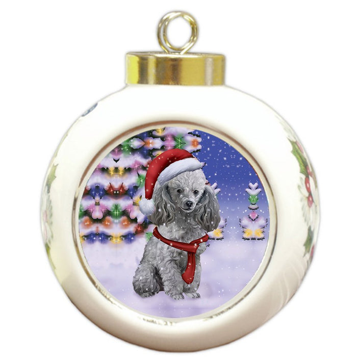 Winterland Wonderland Poodles Puppy Dog In Christmas Holiday Scenic Background Round Ball Ornament