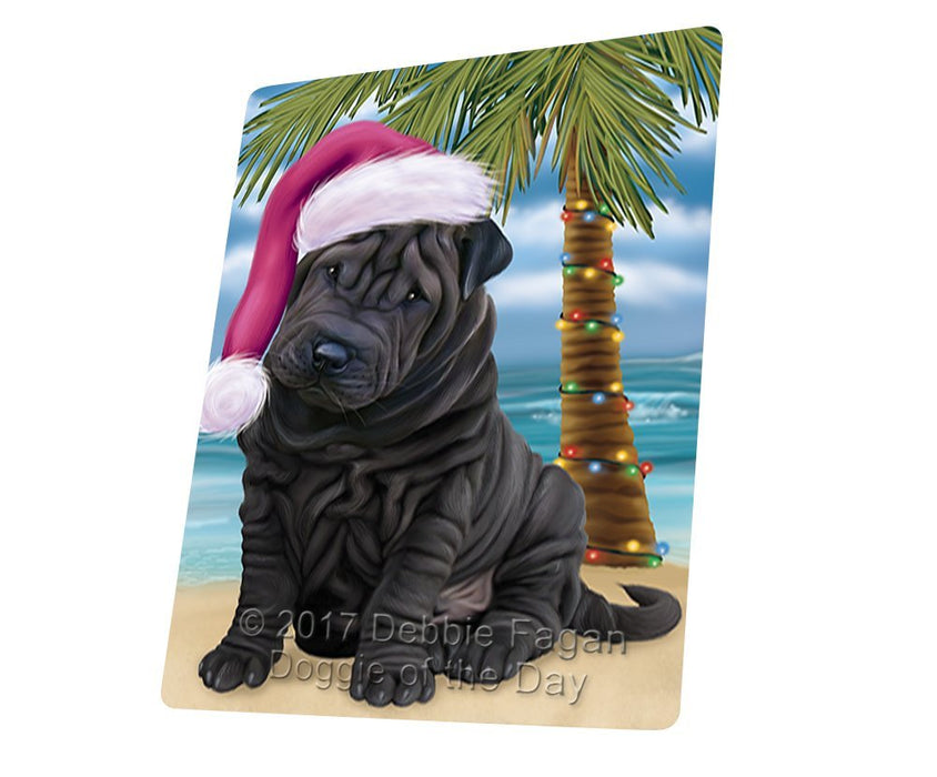 Summertime Happy Holidays Christmas Shar Pei Dog on Tropical Island Beach Tempered Cutting Board