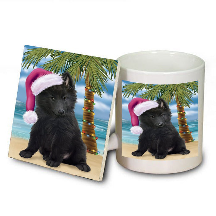 Summertime Happy Holidays Christmas Belgian Shepherds Dog on Tropical Island Beach Mug and Coaster Set