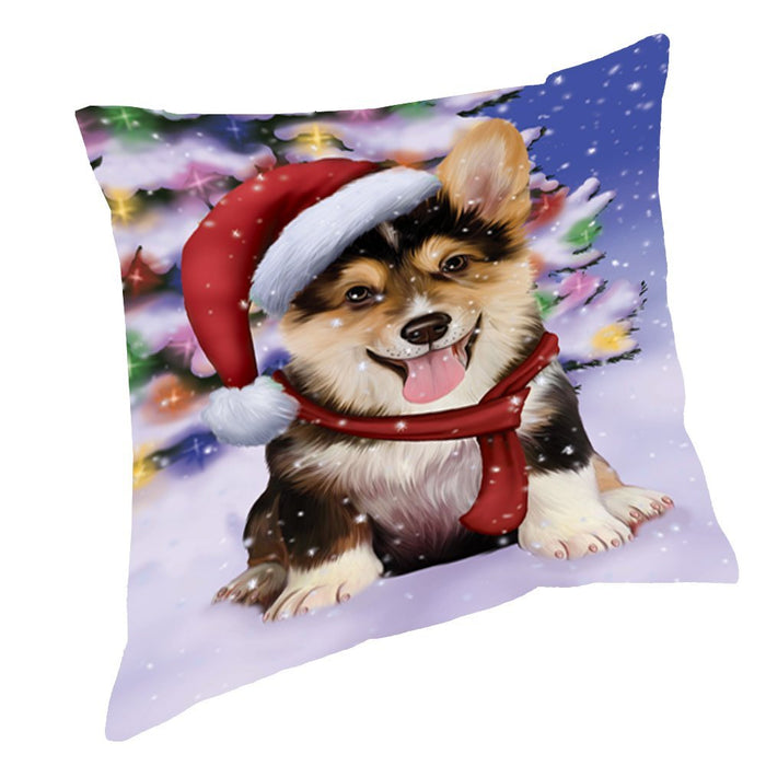 Winterland Wonderland Corgis Puppy Dog In Christmas Holiday Scenic Background Throw Pillow