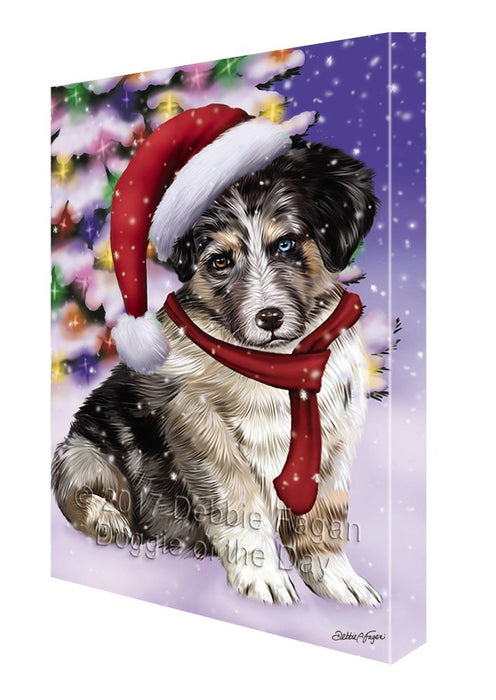 Winterland Wonderland Australian Shepherds Puppy Dog In Christmas Holiday Scenic Background Painting Printed on Canvas Wall Art
