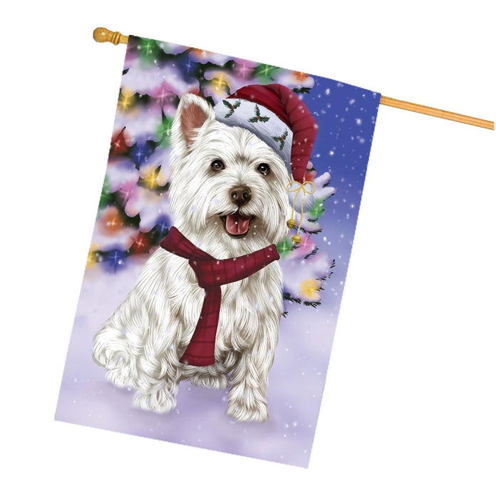 Winterland Wonderland West Highland Terriers Dog In Christmas Holiday Scenic Background House Flag