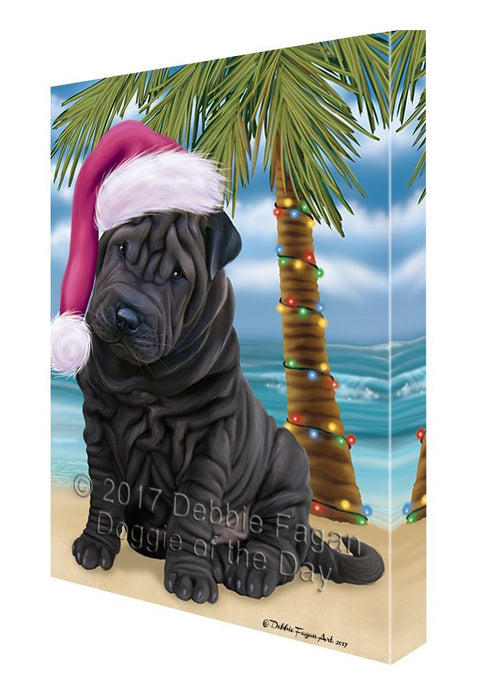 Summertime Happy Holidays Christmas Shar Pei Dog on Tropical Island Beach Canvas Wall Art