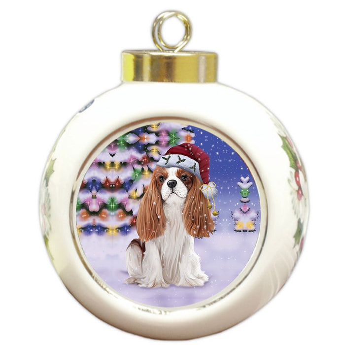 Winterland Wonderland Cavalier King Charles Spaniel Dog In Christmas Holiday Scenic Background Round Ball Ornament