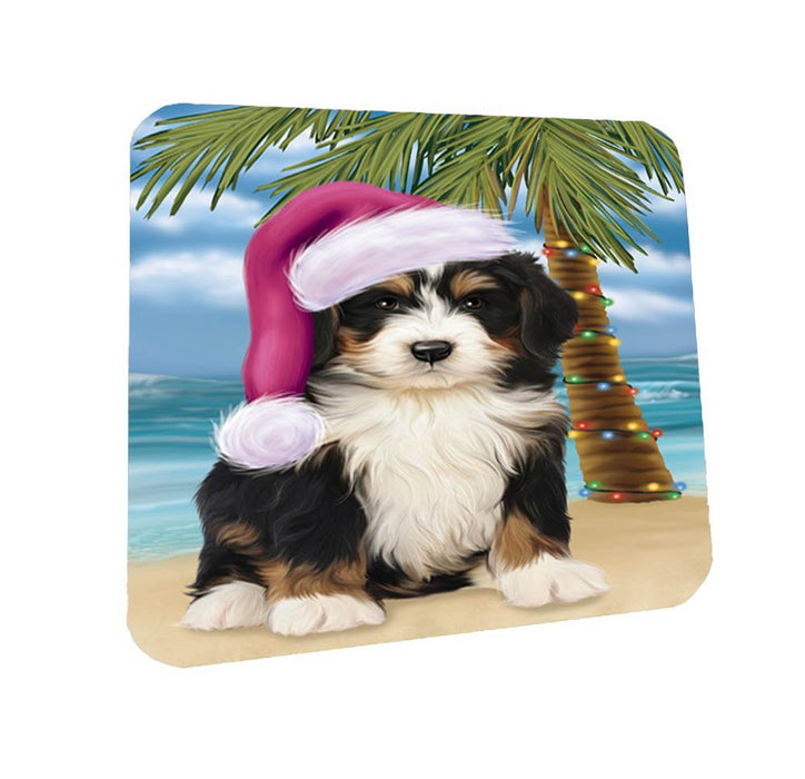 Summertime Happy Holidays Christmas Bernedoodle Dog on Tropical Island Beach Coasters Set of 4
