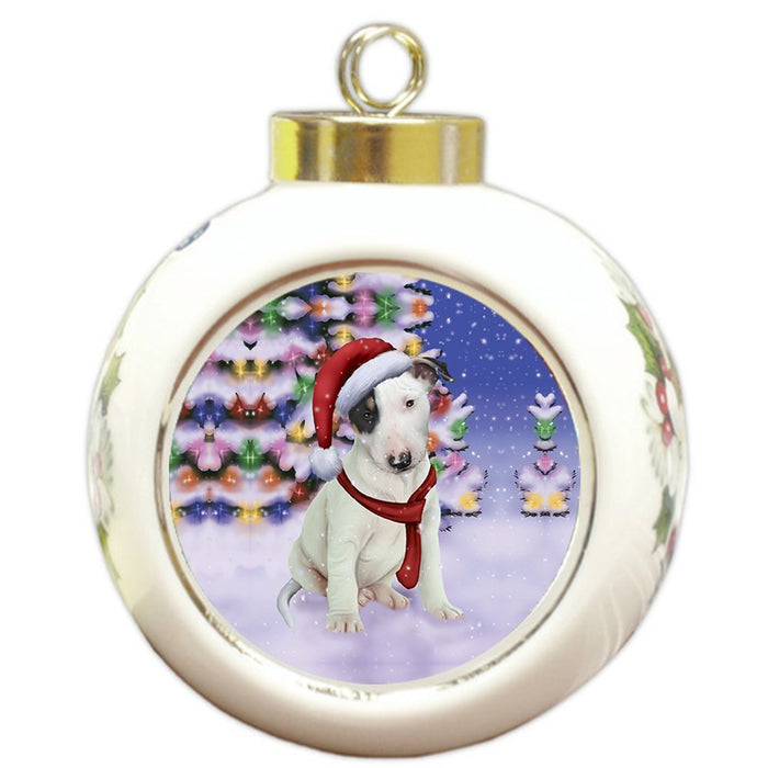 Winterland Wonderland Bull Terrier Puppy Dog In Christmas Holiday Scenic Background Round Ball Ornament