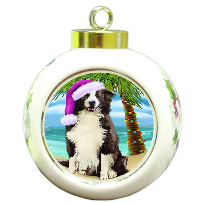 Summertime Happy Holidays Christmas Border Collie Dog on Tropical Island Beach Round Ball Ornament D507