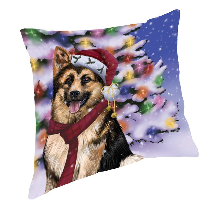 Winterland Wonderland German Shepherds Dog In Christmas Holiday Scenic Background Throw Pillow