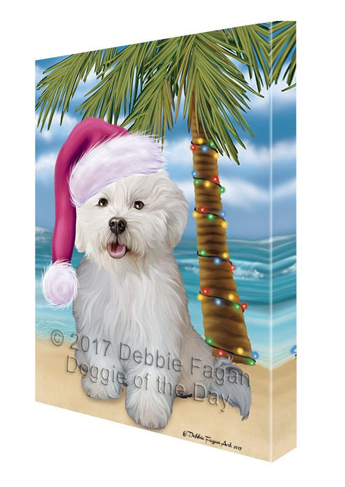 Summertime Happy Holidays Christmas Bichon Frise Dog on Tropical Island Beach Canvas Wall Art