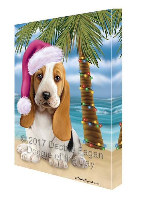 Summertime Happy Holidays Christmas Basset Hounds Dog on Tropical Island Beach Canvas Wall Art