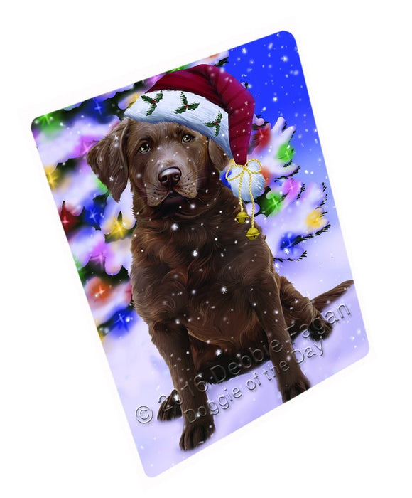 Winterland Wonderland Chesapeake Bay Retriever Dog In Christmas Holiday Scenic Background Tempered Cutting Board