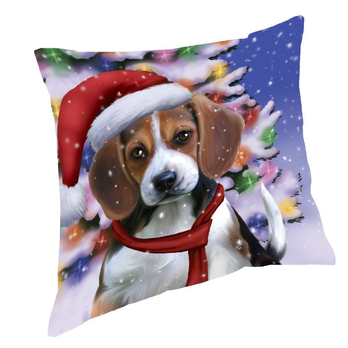 Winterland Wonderland Beagles Dog In Christmas Holiday Scenic Background Throw Pillow