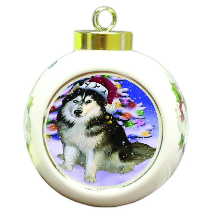 Winterland Wonderland Siberian Huskies Dog In Christmas Holiday Scenic Background Round Ball Ornament D588
