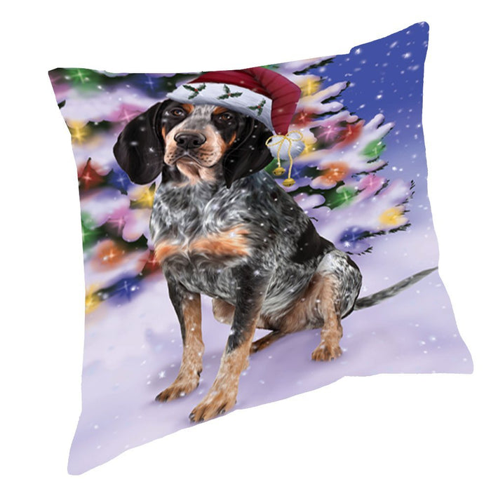 Winterland Wonderland Bluetick Coonhound Dog In Christmas Holiday Scenic Background Throw Pillow