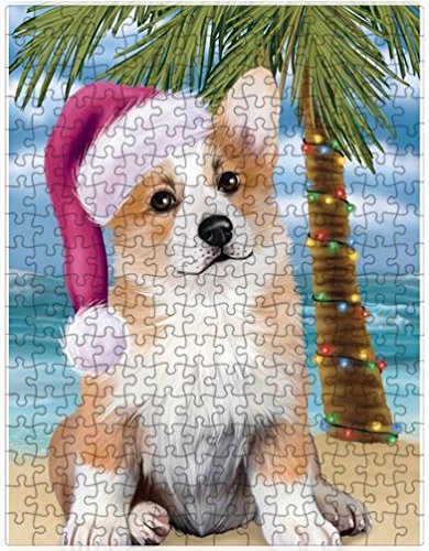 Summertime Happy Holidays Christmas Corgi Dog on Tropical Island Beach Puzzle with Photo Tin