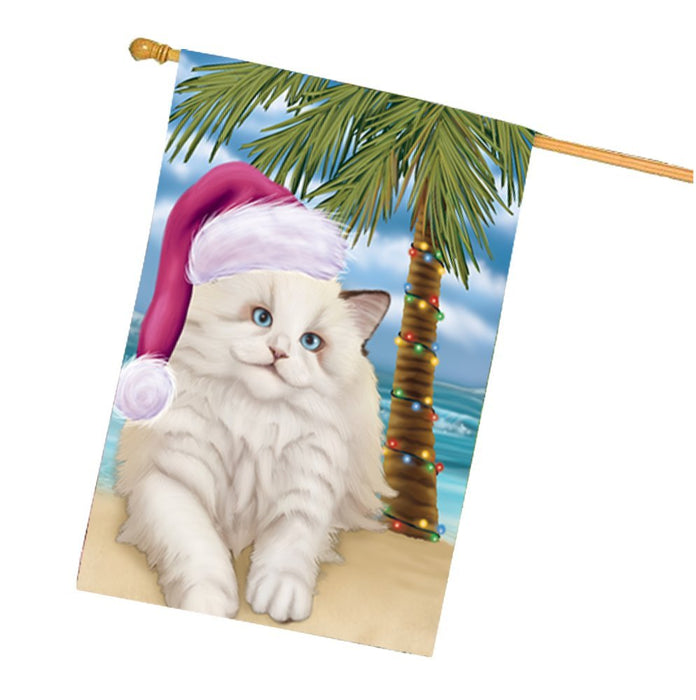 Summertime Christmas Happy Holidays Ragdoll Cat on Beach House Flag HFLG355