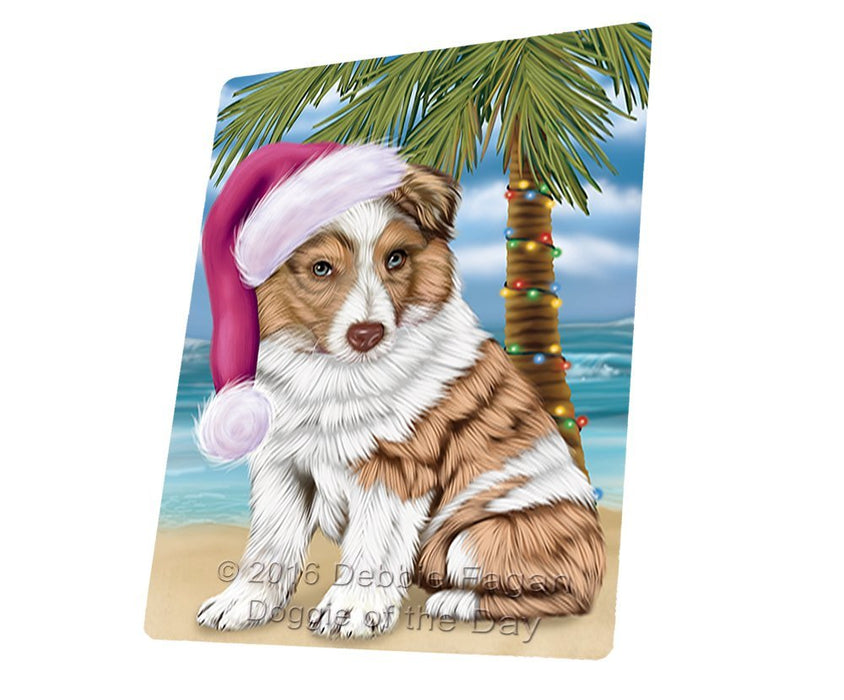 Summertime Happy Holidays Christmas Australian Shepherd Dog on Tropical Island Beach Tempered Cutting Board