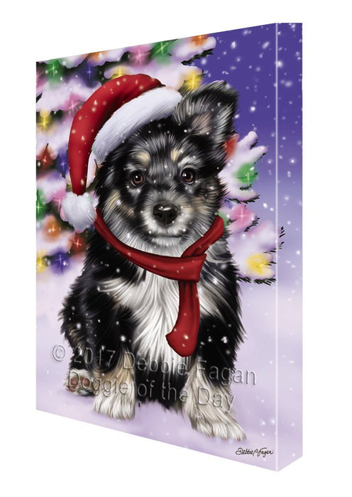 Winterland Wonderland Australian Shepherds Puppy Dog In Christmas Holiday Scenic Background Painting Printed on Canvas Wall Art