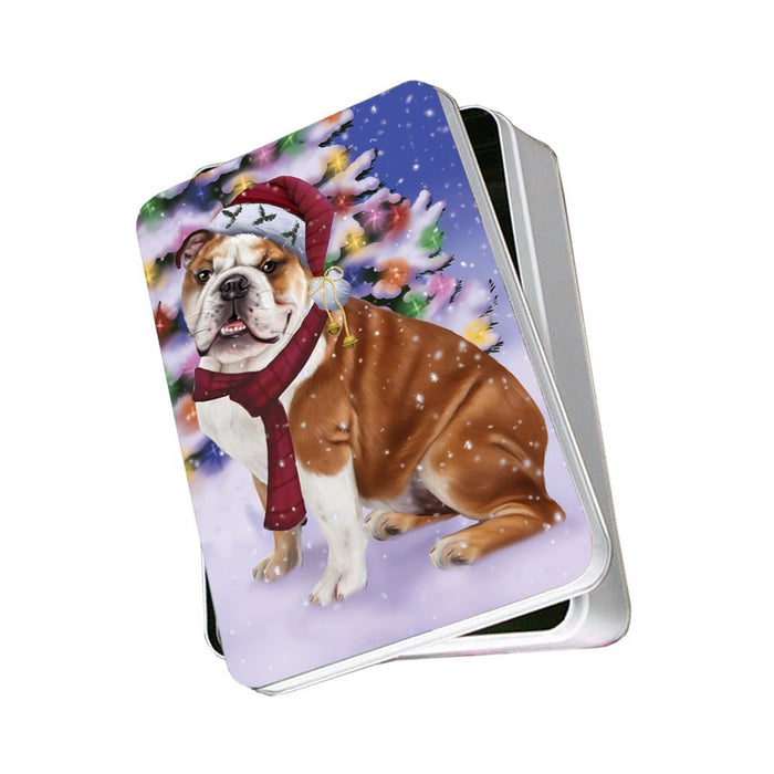 Winterland Wonderland Bulldogs Dog In Christmas Holiday Scenic Background Photo Storage Tin