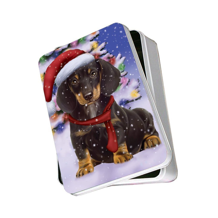 Winterland Wonderland Dachshunds Dog In Christmas Holiday Scenic Background Photo Storage Tin