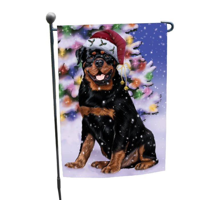 Winterland Wonderland Rottweiler Dog In Christmas Holiday Scenic Background Garden Flag