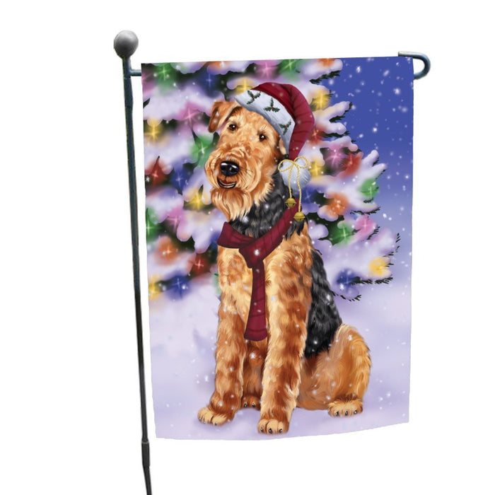 Winterland Wonderland Airedales Dog In Christmas Holiday Scenic Background Garden Flag
